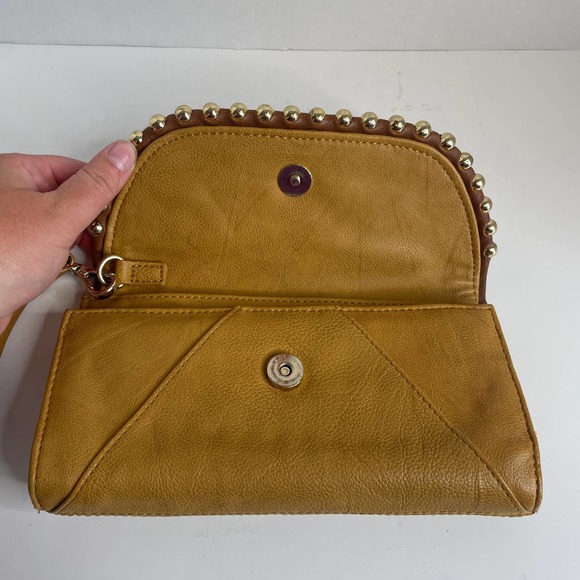 Big Buddha Cognac Brown Tan Studded Wristlet Clutch Large Wallet Purse Bag - Picture 4 of 11